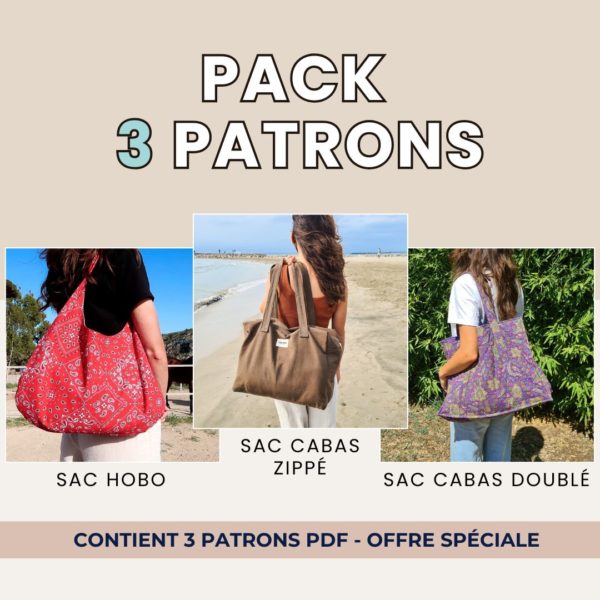 Pack 3 Sacs : Hobo +  Cabas Doublé + Cabas Zippé (Patrons PDF)