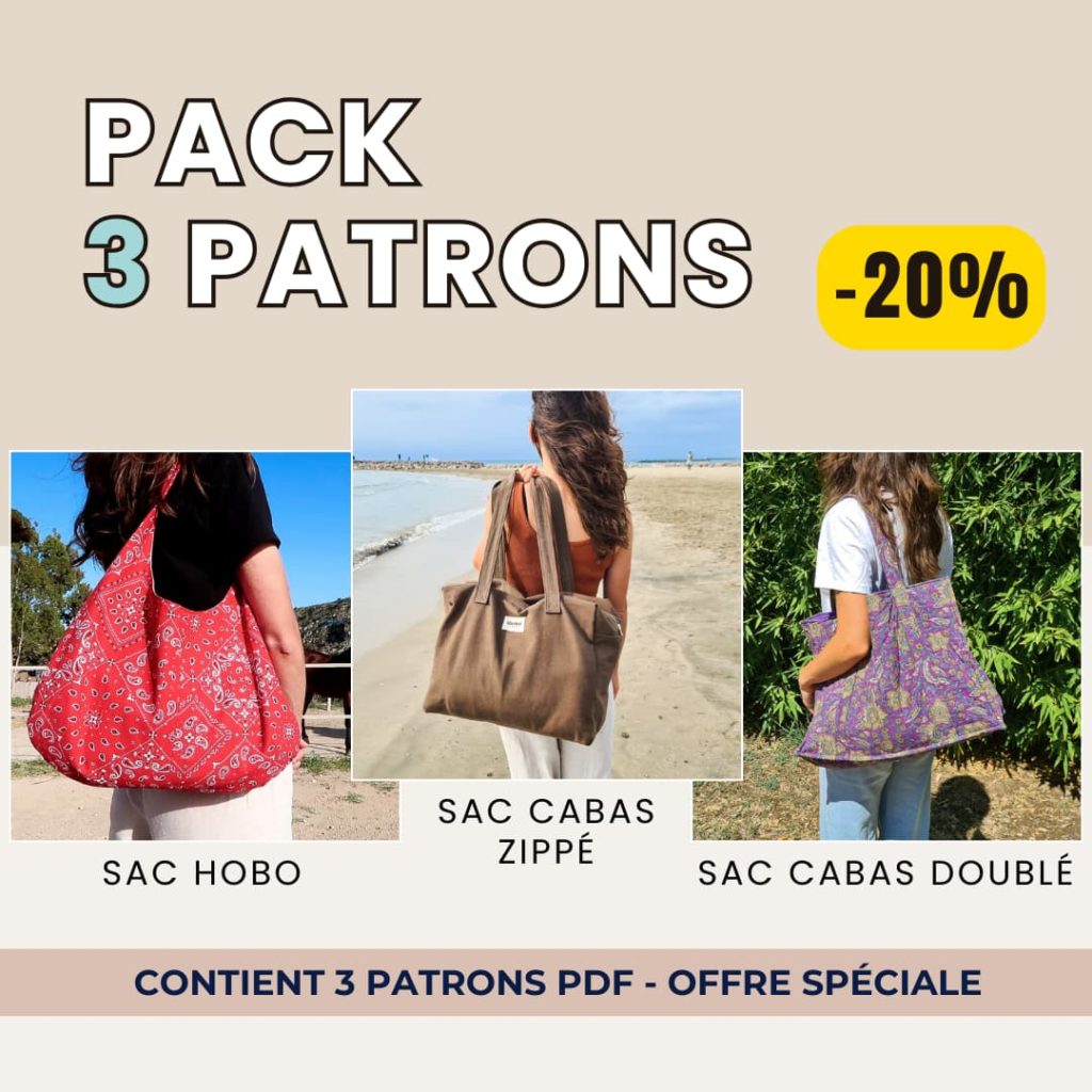 Pack 3 Sacs : Hobo + Cabas Doublé + Cabas Zippé (Patrons PDF)
